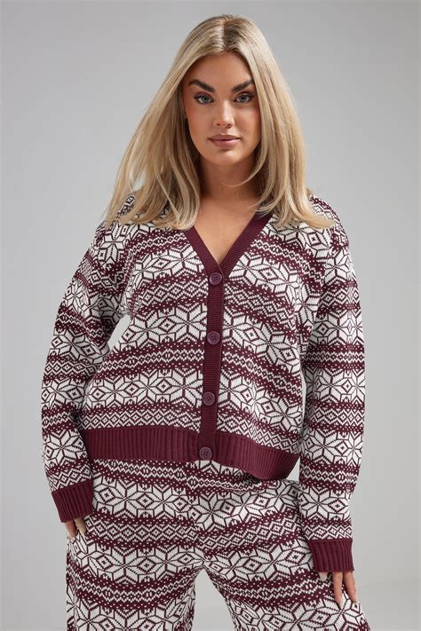 Limited Collection Plus Size Burgundy Red Fairisle Knitted Cardigan