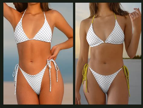 Bikini Mockup Psd Bikini Triangle Set Womens Swimwear Side Tie Bikini Model Mockup Beach Mockup