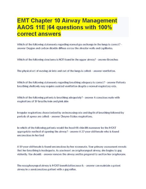 EMT 11E Chapter 10 Airway Management: 64 Qs with Answers (100%) - Studocu