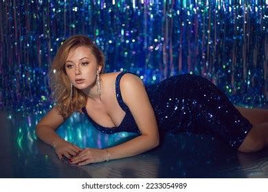Sexy Woman Blonde Blue Dress Sequins Stock Photo Shutterstock