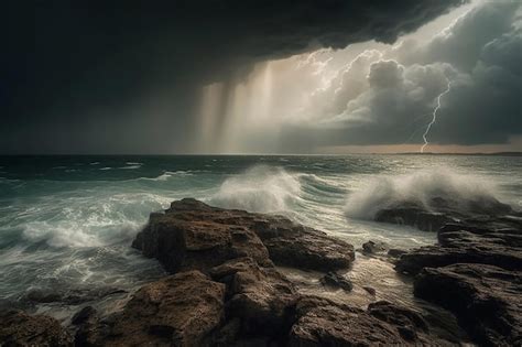 Premium AI Image | Storm clouds over the ocean with a lightning storm ...