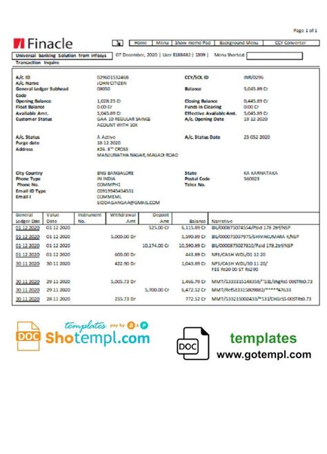 India Finacle Bank Statement In Word And PDF Format 2 Pages