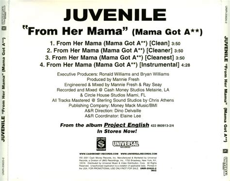 Promo Import Retail CD Singles Albums Juvenile From Her Mama Mama Got Ass Promo CD