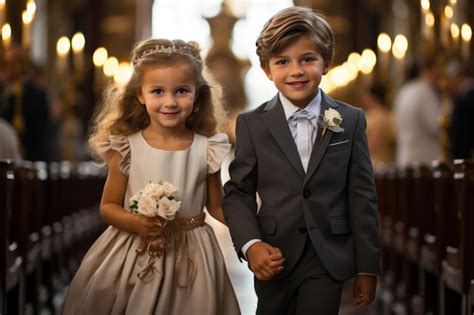 Menina e menino vestido de primeira comunhão na igreja Foto Premium