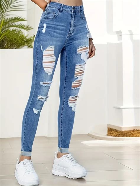 Blue Ripped Holes Skinny Jeans Slim Fit Slant Pockets Temu