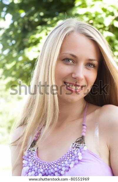 Happy Cute Blonde Stands Park Stock Photo Shutterstock