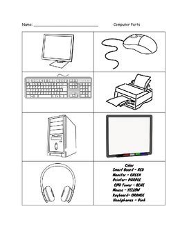 color  computer parts worksheet   teachers paradise tpt