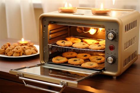 toaster oven   open door revealing freshly baked cookies stock