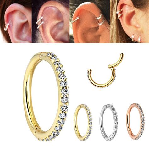 K Gold Seamless Hinged Pave Clicker Ring For Cartilage Helix Daith