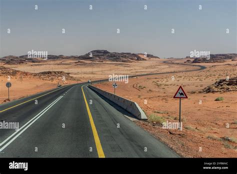 Camel Warning Sign At The Road 70 Through Desert Near Al Ula Saudi