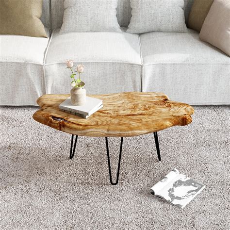 WELLAND Live Edge Cedar Wood Coffee Table Metal Hairpin Legs for Living