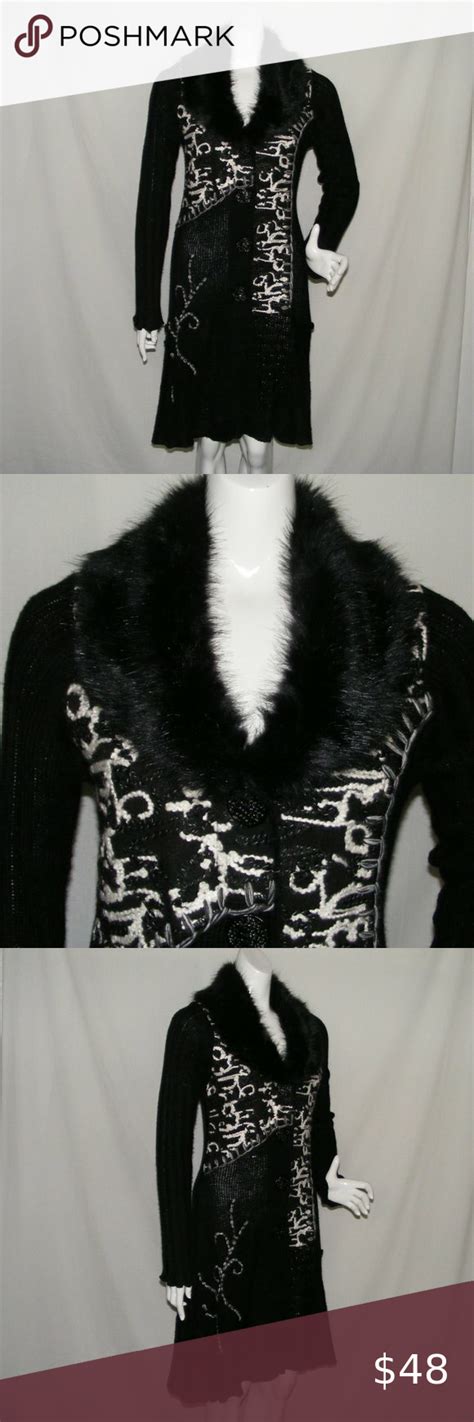 SIONI Duster Sweater M Faux Fur Collar Black White Cardigan Long