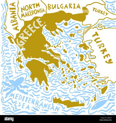 Vector Hand Drawn Stylized Map Of Greece Travel Illustration Hellenic