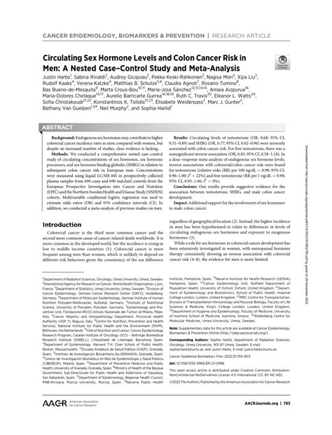 Pdf Circulating Sex Hormone Levels And Colon Cancer Risk In Men A Nested Case Control Study