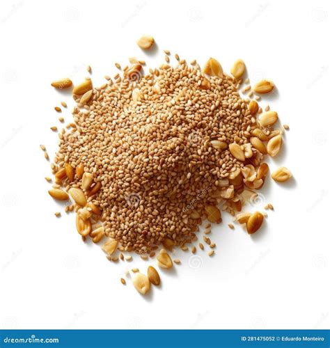 Pile Of Sesame Seeds And Sunflower Seeds On White Background Top View