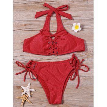 OFF Lace Up Halter Neck Bikini Set In RED DressLily