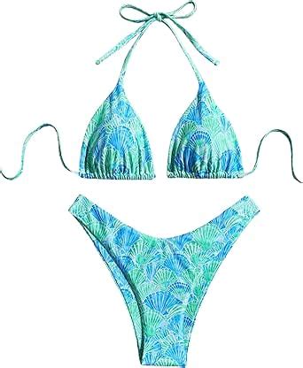 Amazon Beaudrm Women S Piece Bikini Set Shell Triangle Thong Bikini Boho Seashell High