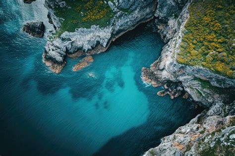 This photo captures an aerial perspective of a stunning body of water encircled by towering