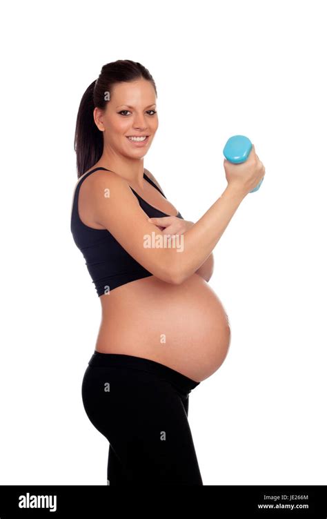 Brunette Pregnant Woman Training With Dumbbells Isolated On A White