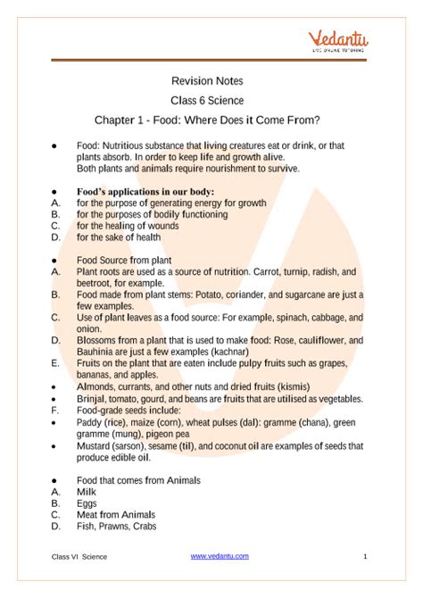 Food Where Does It Come From Class 6 Notes CBSE Science Chapter 1 PDF