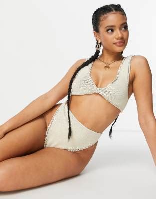 ASOS DESIGN Mix And Match Crinkle High Leg High Waist Thong Bikini Bottom In Natural Tones ASOS