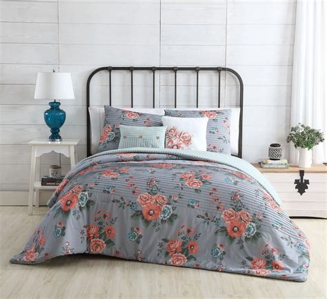 Vcny Home Katherine Floral Printed Textured Reversible Stripe 45 Piece Bedding Comforter Set