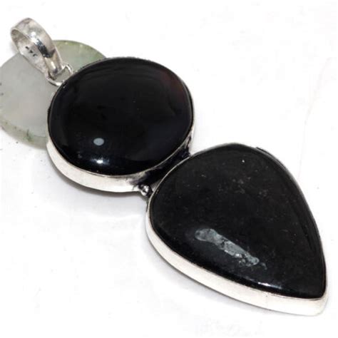 Colgante largo étnico de obsidiana negra enchapado en plata 925 joyería