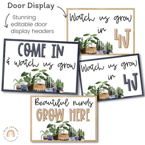 Modern Boho Plants Door Display Editable Rustic Classroom Decor