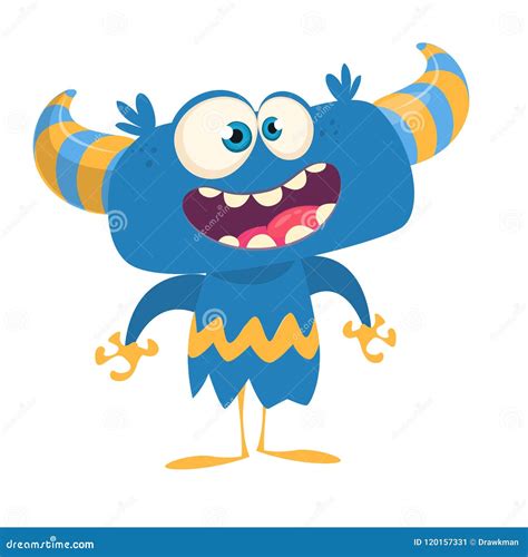 Funny Cartoon Monster Smiling Vector Blue Horned Monster Illustration