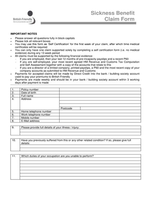 Fillable Online Sickness Benefit Claim Form British Benefits Friendly Society Ltd Fax Email