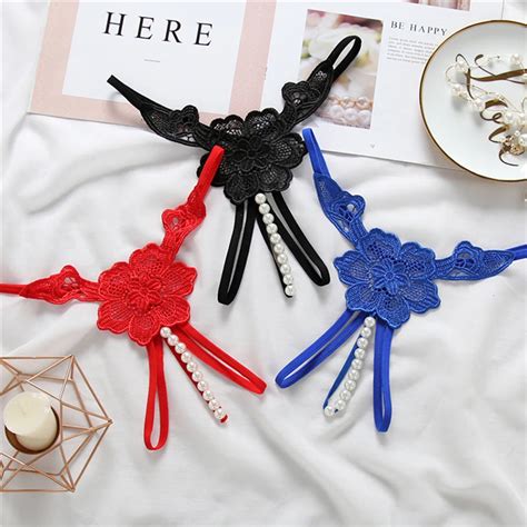 Women Sexy Transparent Lace Embroidery Hollow Open Crotch Pantie Pearl Hot Erotic Crotchless