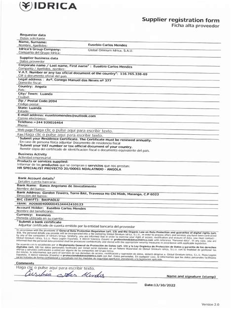 Supplier Registration Form Assinado Pdf