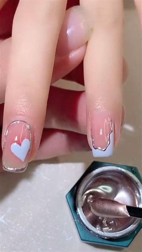 Nude And Silver Gel Nails Nail Designs Nail Art Short Coffin Nails Designs