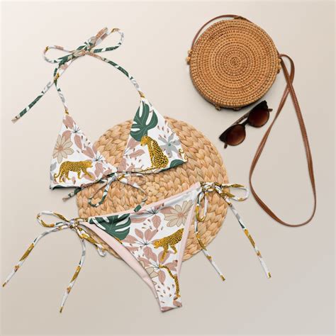 Tropical Jungle Recycled String Bikini With Palm Leaves And Leopard
