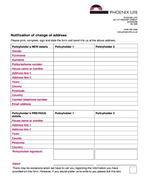 Fillable Online Notification Of Change Of Address Phoenixlife Co Uk