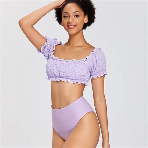 Damski Str J K Pielowy Z Kr Tkim R Kawem W Stylu Vintage Dwucz Ciowy Retro Marszczony Bikini Z