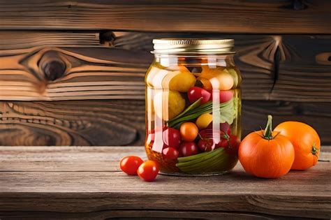 Premium Ai Image Preserved Vegetables In Jar On Old Wooden Background