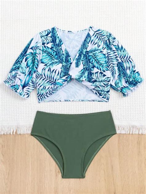 Chica preadolescente Bañador bikini con estampado tropical girante delantero Moda de Mujer