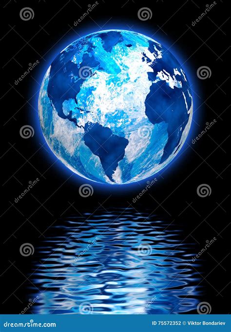 Image Of The Planet Earth In The Reflection Of Water Close Up Stock