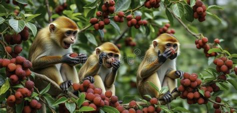 A Troop of Monkeys Feasts on Ripe Mulberries, Branches Laden with Fruit ...