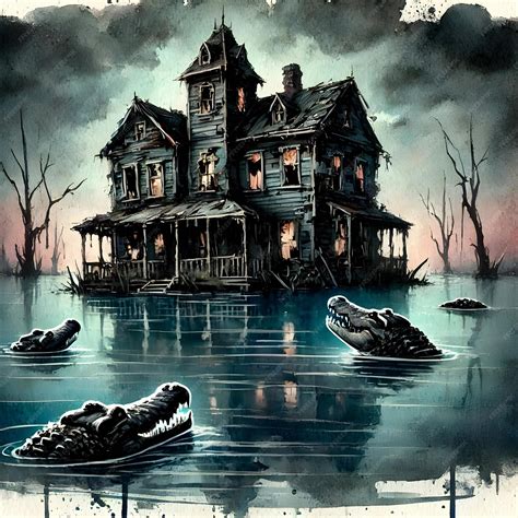 Haunted House with Alligators in a Swamp Eerie Watercolor Illustration