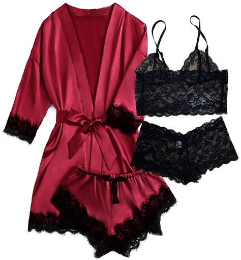 Satin Pajamas For Women PUTUO Womens Lingerie Floral Lace Trim Cami With Robe Pajama Sets For