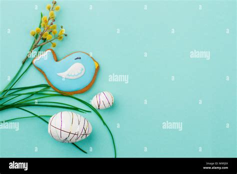Beautiful Easter Spring Composition Styrofoam Decorative Eggs And Pussy Willow Twigs Bird