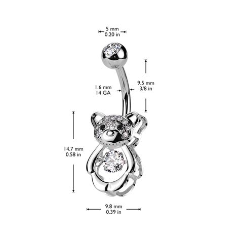 1pc Cz Gem Center Teddy Bear Belly Button Ring Pierced Navel Gold Plat