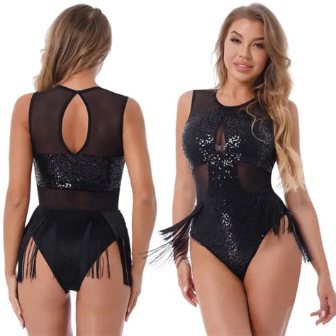 WOMEN S SEQUIN FRINGE Leotard Top Mesh Latin Dance Ballroom Bodysuit