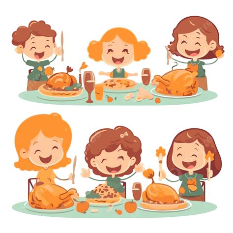 행복한 Friendsgiving 클립 아트 아이들은 칠면조 벡터 일러스트 만화와 함께 추수 감사절 저녁 식사를했습니다 행복한