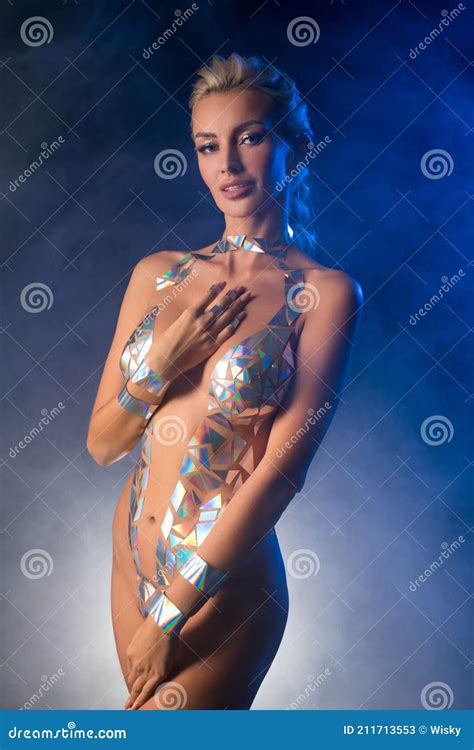 Blonde Woman Standing In Studio With Pearl Tape Bodyart On Body In Smoke Stock Image Image Of