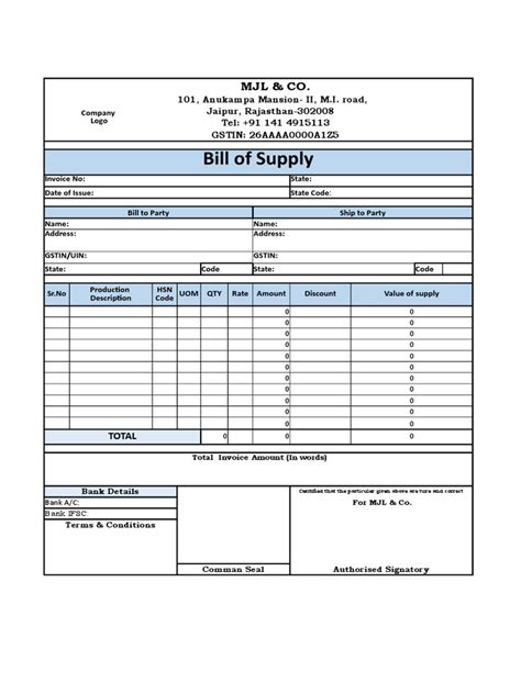 Gst Bill Of Supply Format Pdf Business Documents Invoice