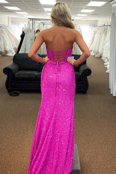 Fuchsia Mermaid Strapless Sequins Lace Up Long Prom Dress With Slit