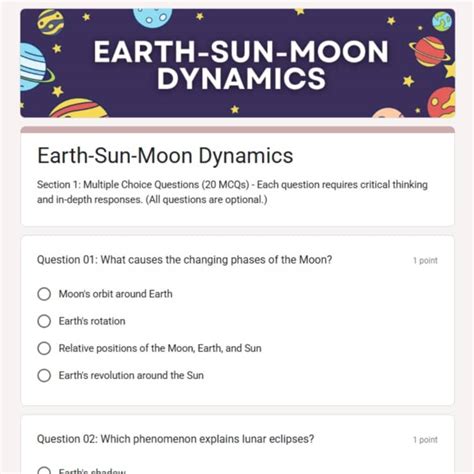 school earth sun moon dynamics google form quiz  lesson